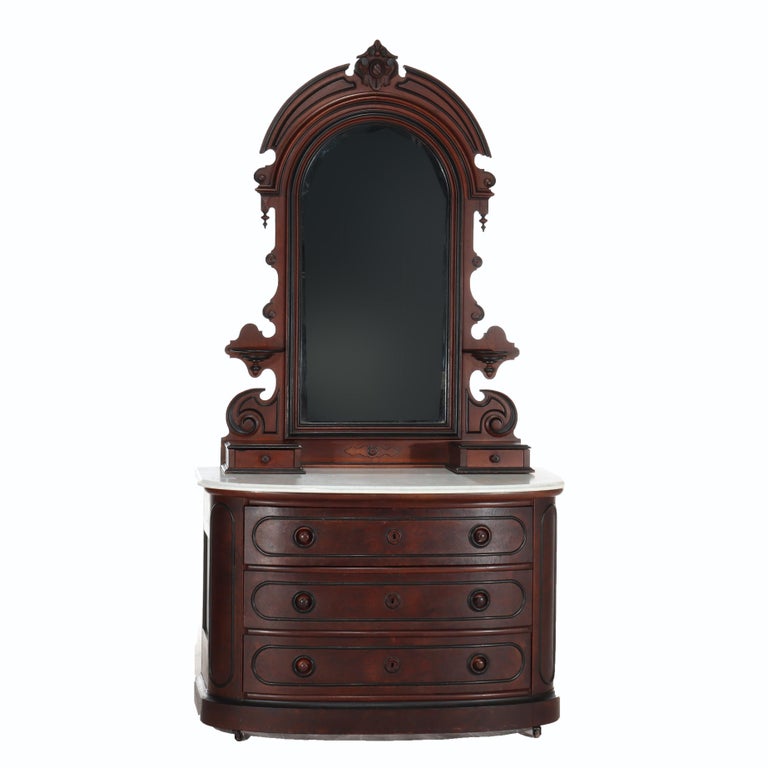 Antique Berkey & Gay School Victorian Walnut & Marble Dresser With Ebonized Trim