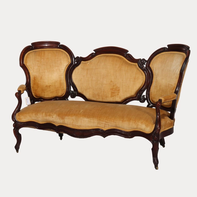 Antique Victorian Carved Walnut Three Panel Back Sofa C1880