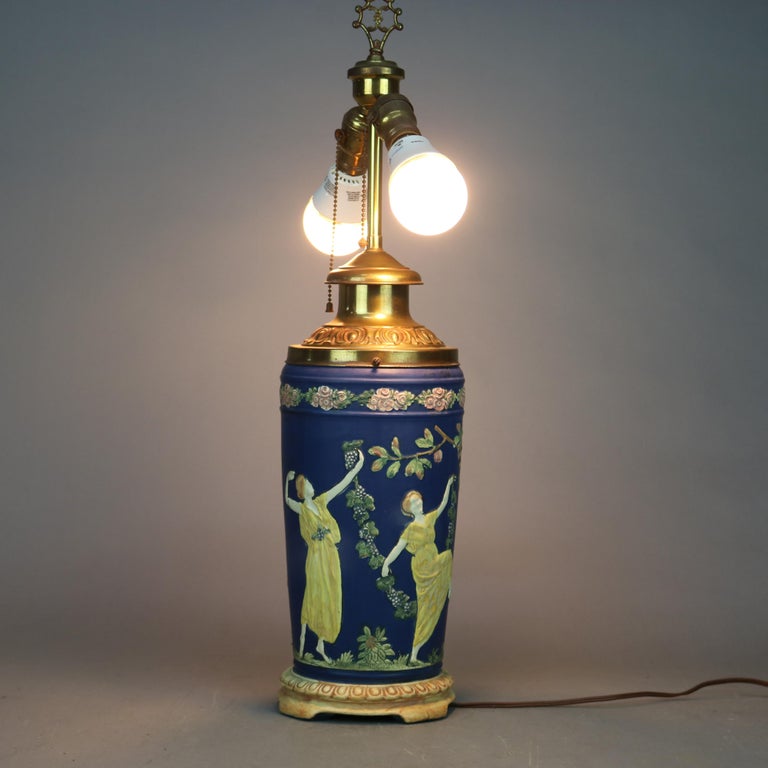 Antique Classical Greek Cameo Art Pottery Lamp Base Attr. Weller, c1930