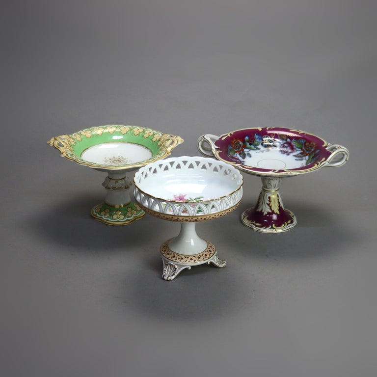 Three Antique English Hand Painted & Gilt Porcelain Footed Compotes C1890