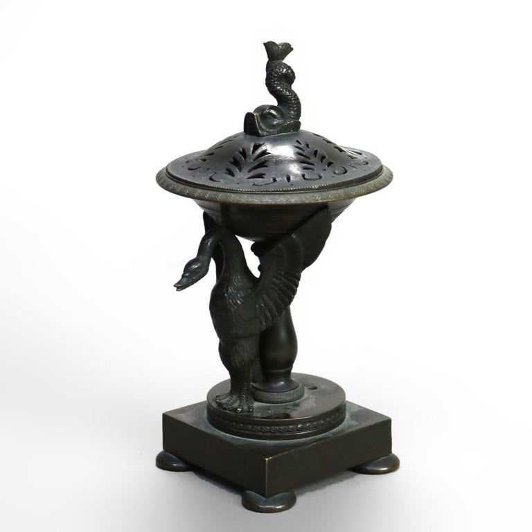 Antique Neoclassical Bronze Figural Sensor with Dolphin & Swan C1890