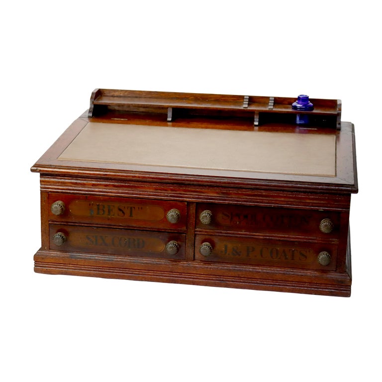 Antique J & P Coats Oak Four-Drawer Lift-Top Spool Cabinet Signed C1890