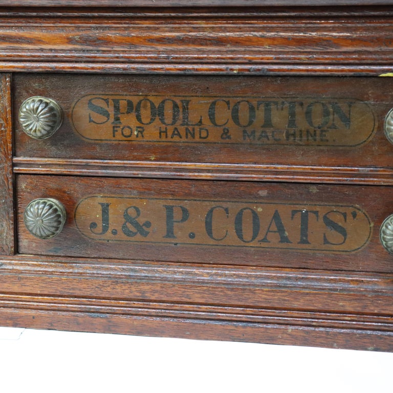 Antique J & P Coats Oak Four-Drawer Lift-Top Spool Cabinet Signed C1890