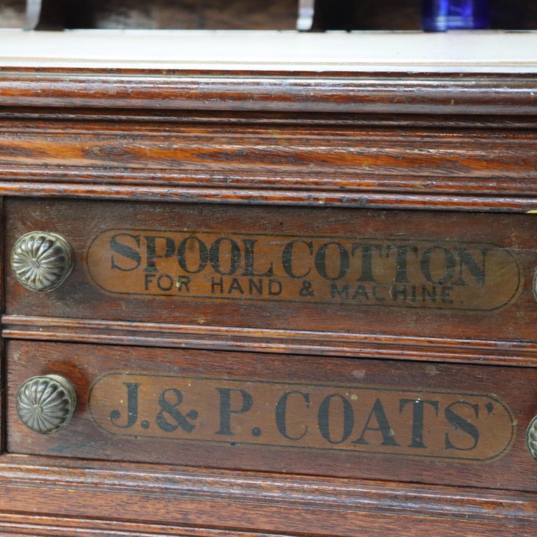 Antique J & P Coats Oak Four-Drawer Lift-Top Spool Cabinet Signed C1890