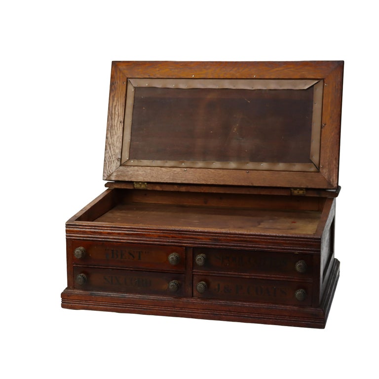 Antique J & P Coats Oak Four-Drawer Lift-Top Spool Cabinet Signed C1890