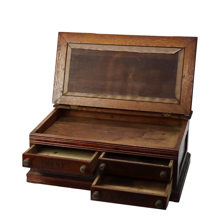 Antique J & P Coats Oak Four-Drawer Lift-Top Spool Cabinet Signed C1890