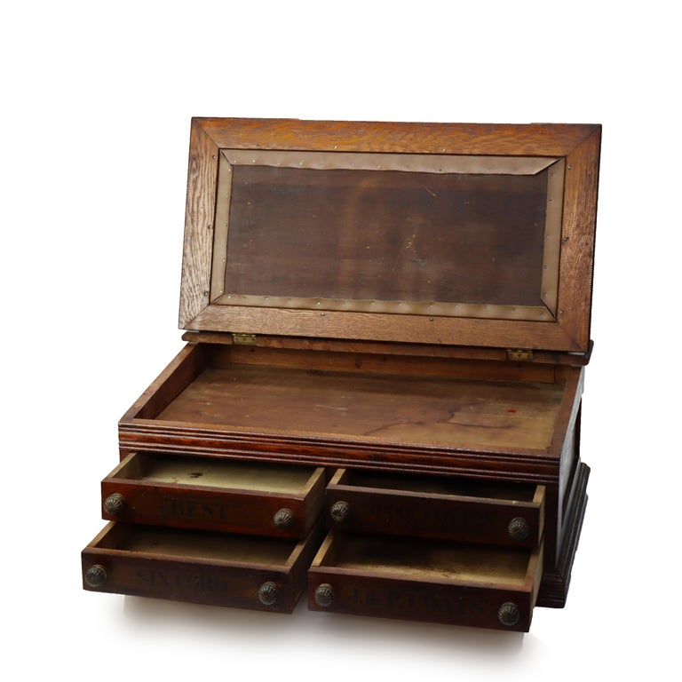 Antique J & P Coats Oak Four-Drawer Lift-Top Spool Cabinet Signed C1890