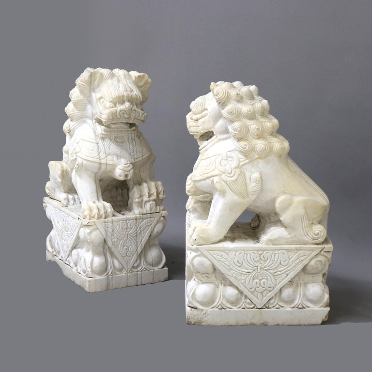 Pair of Large Chinese Carved Stone Foo Dog Sculptures 20thC
