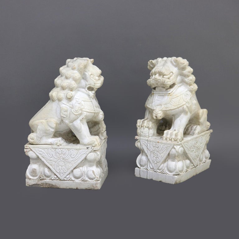 Pair of Large Chinese Carved Stone Foo Dog Sculptures 20thC