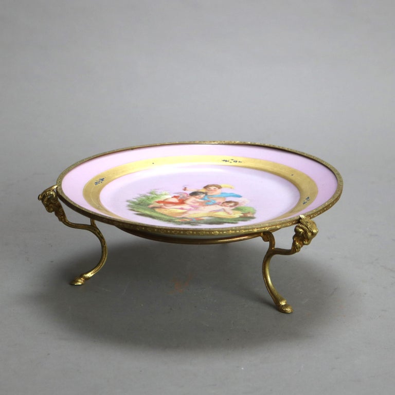 Antique Porcelain & Bronze Hand Painted & Gilt Footed Platter with Cherubs C1890