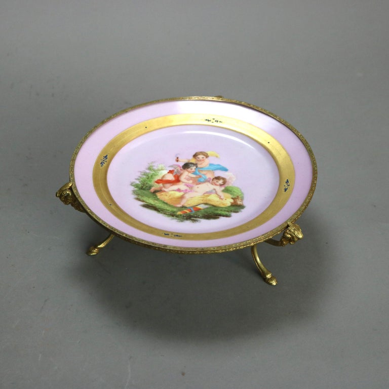 Antique Porcelain & Bronze Hand Painted & Gilt Footed Platter with Cherubs C1890