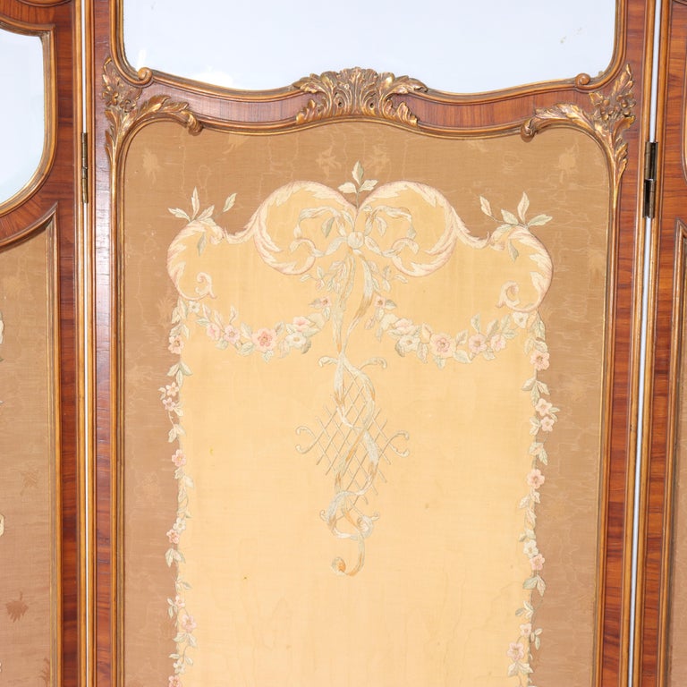 French Kingwood, Mahogany, Embroidered & Beveled Glass Paneled Screen c1890