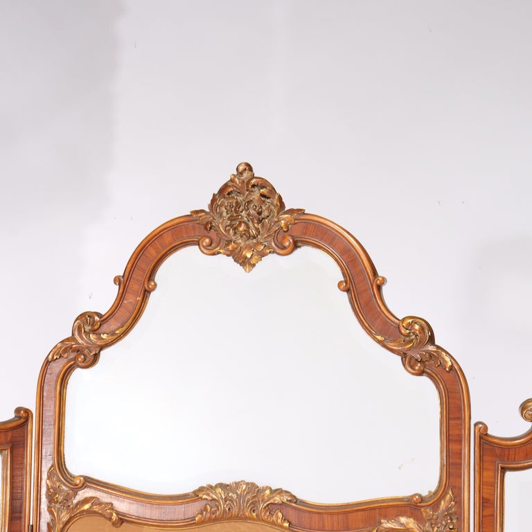 French Kingwood, Mahogany, Embroidered & Beveled Glass Paneled Screen c1890