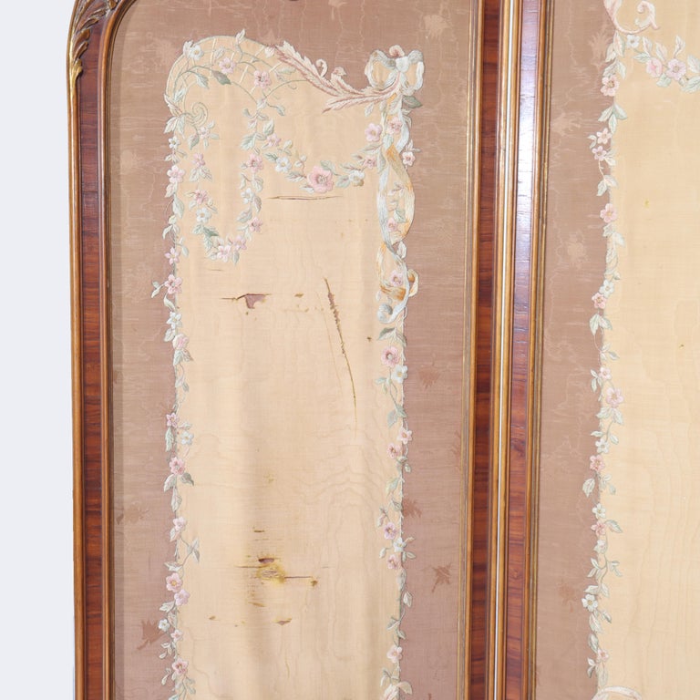 French Kingwood, Mahogany, Embroidered & Beveled Glass Paneled Screen c1890