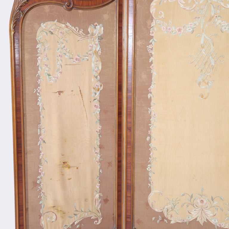 French Kingwood, Mahogany, Embroidered & Beveled Glass Paneled Screen c1890
