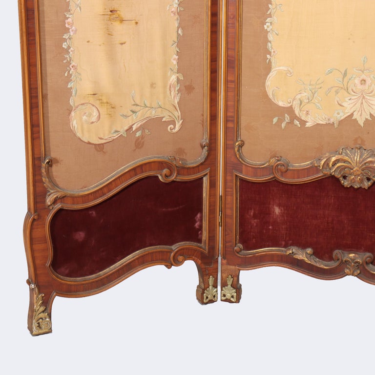 French Kingwood, Mahogany, Embroidered & Beveled Glass Paneled Screen c1890