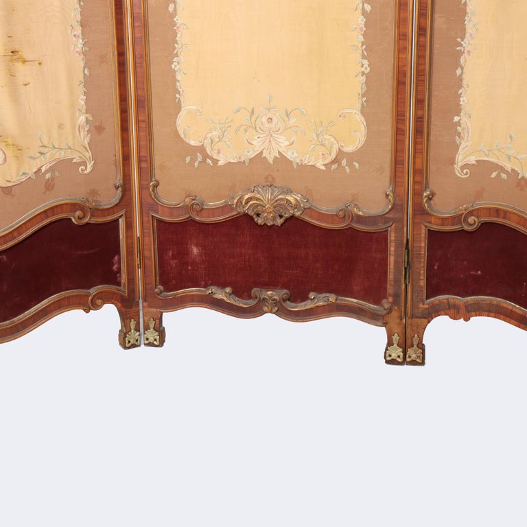 French Kingwood, Mahogany, Embroidered & Beveled Glass Paneled Screen c1890