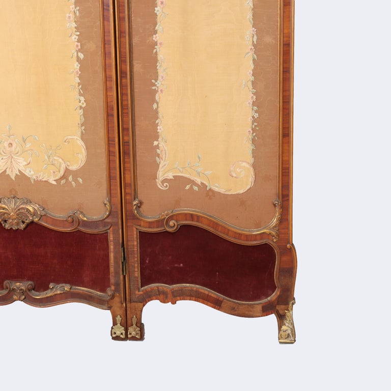 French Kingwood, Mahogany, Embroidered & Beveled Glass Paneled Screen c1890