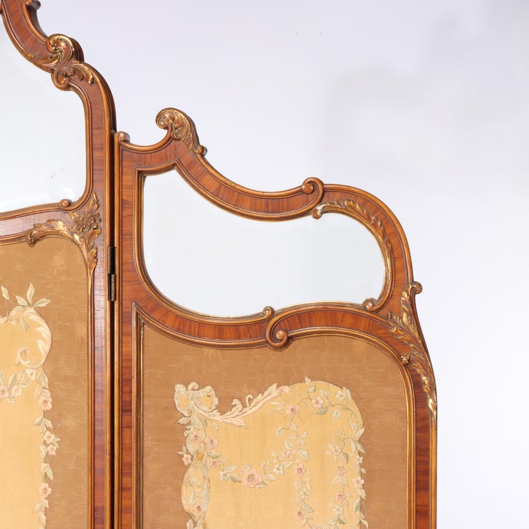 French Kingwood, Mahogany, Embroidered & Beveled Glass Paneled Screen c1890