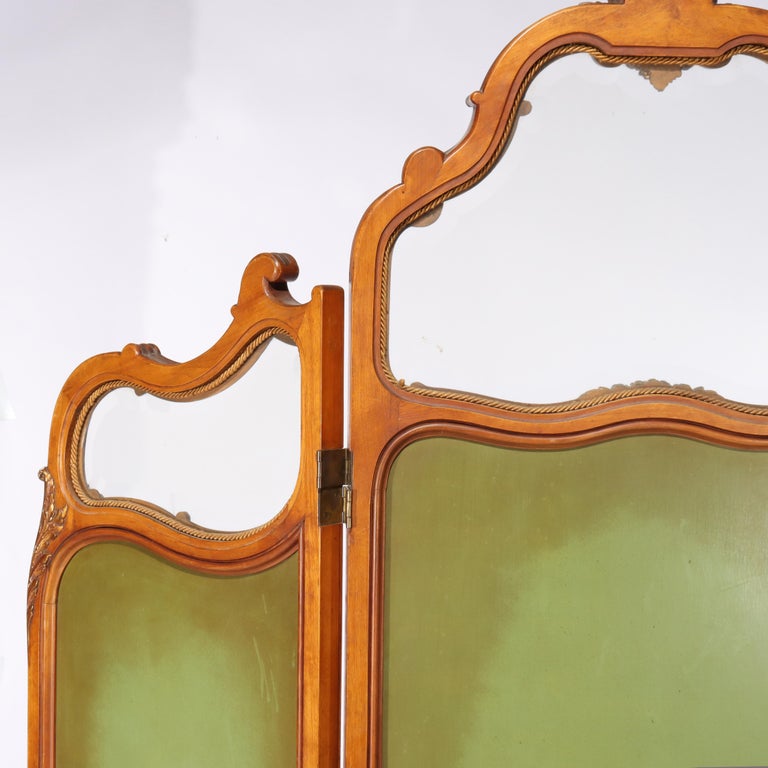 French Kingwood, Mahogany, Embroidered & Beveled Glass Paneled Screen c1890