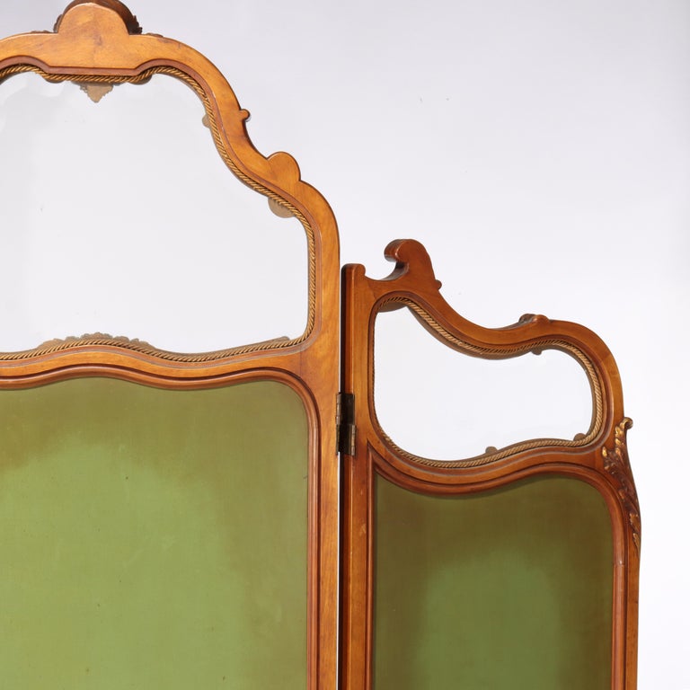 French Kingwood, Mahogany, Embroidered & Beveled Glass Paneled Screen c1890