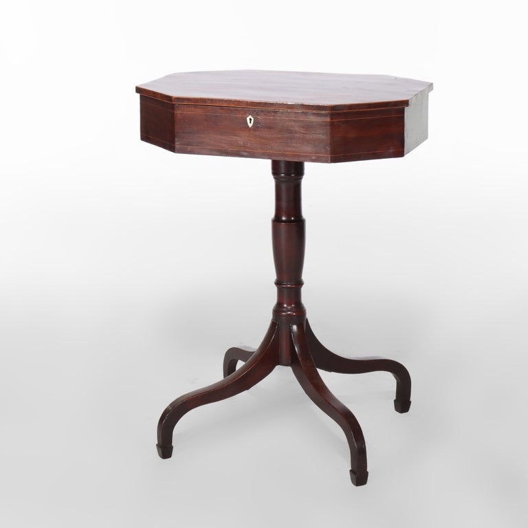 Antique Sheraton Federal Mahogany Spider Leg Lift-Top Sewing Stand c1820