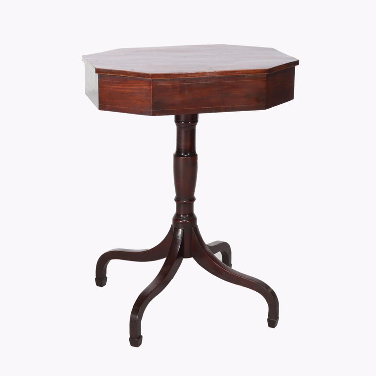 Antique Sheraton Federal Mahogany Spider Leg Lift-Top Sewing Stand c1820