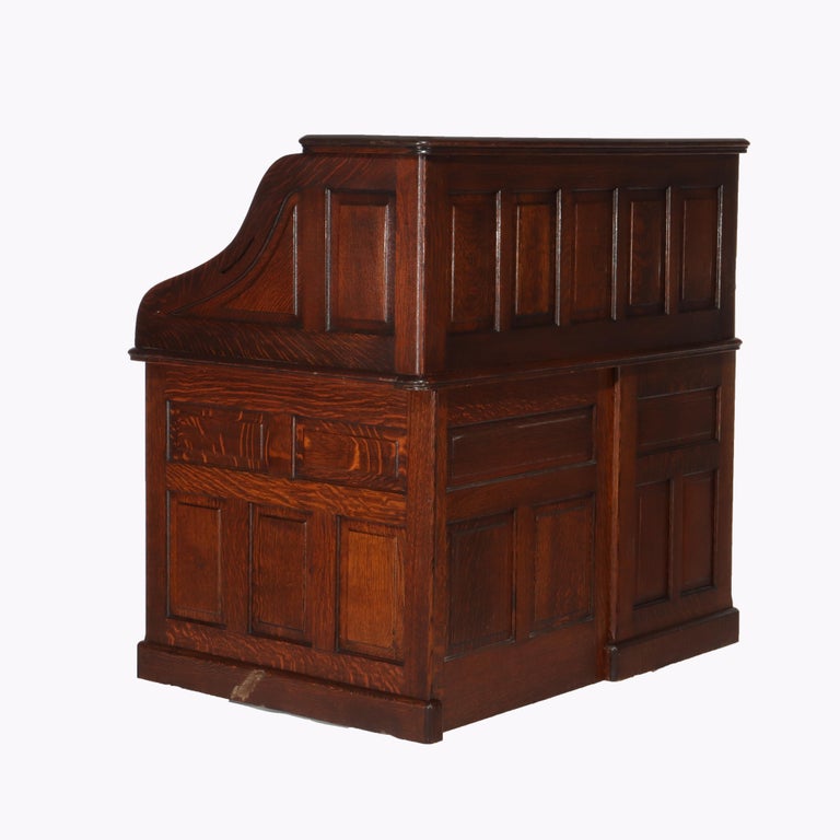 Antique Gunn Furniture Co. Oak S-Roll Top Paneled Single Pedestal Desk c1900