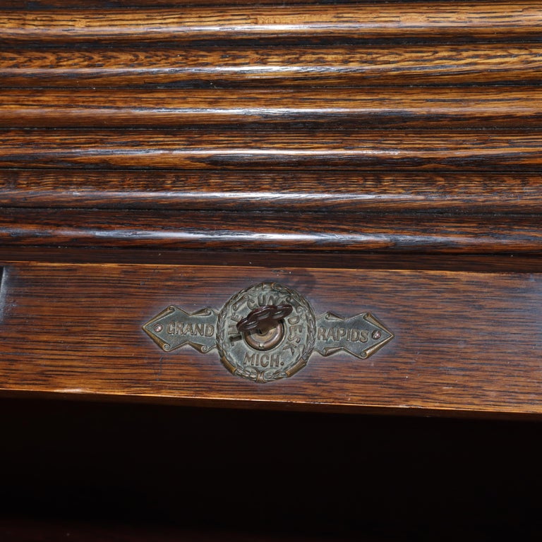 Antique Gunn Furniture Co. Oak S-Roll Top Paneled Single Pedestal Desk c1900