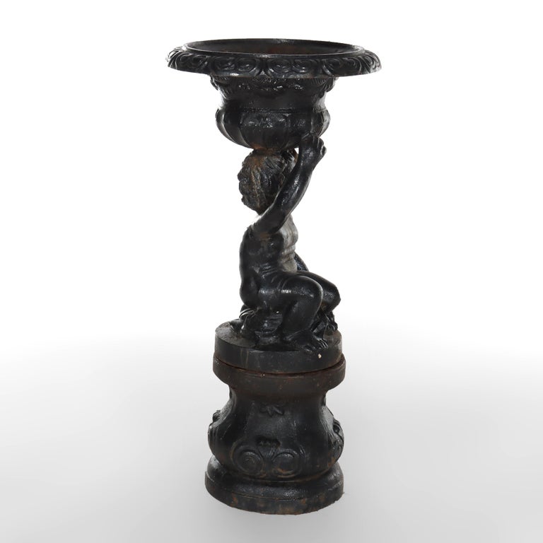 Antique Neoclassical Cast Iron Figural Cherub Garden Urn C1890