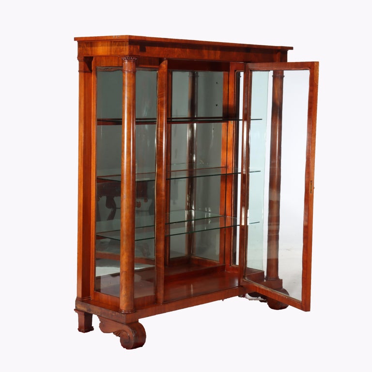American Empire Flame Mahogany 90-Degree (RARE) Curved Glass China Cabinet c1890