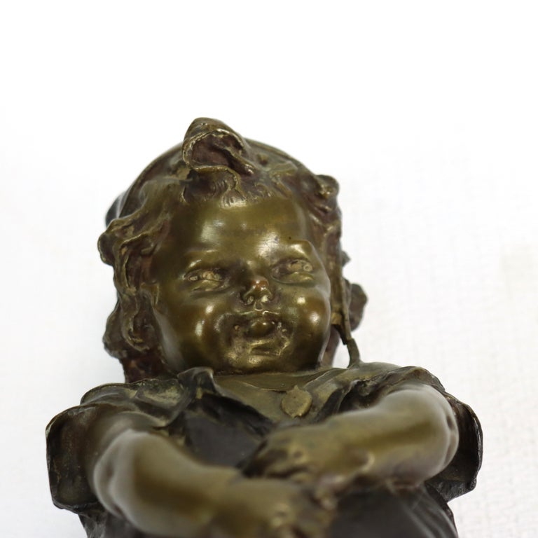 Antique Juan Clara 1st Edition Bronze Figure “Toddler With Cat” Signed c1900