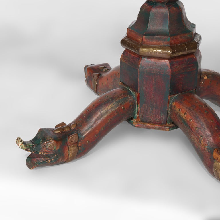 Vintage Asian Polychromed Figural Elephant Double Pedestal Glass Top Table