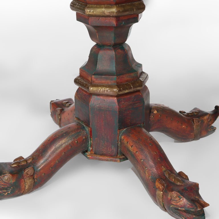 Vintage Asian Polychromed Figural Elephant Double Pedestal Glass Top Table