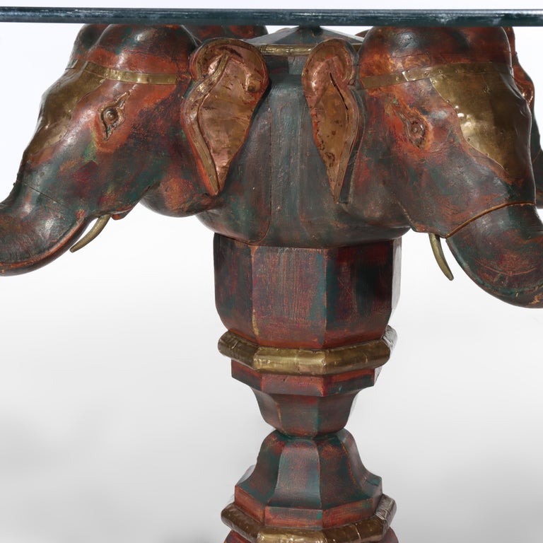 Vintage Asian Polychromed Figural Elephant Double Pedestal Glass Top Table