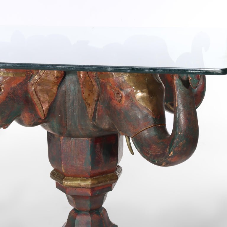 Vintage Asian Polychromed Figural Elephant Double Pedestal Glass Top Table