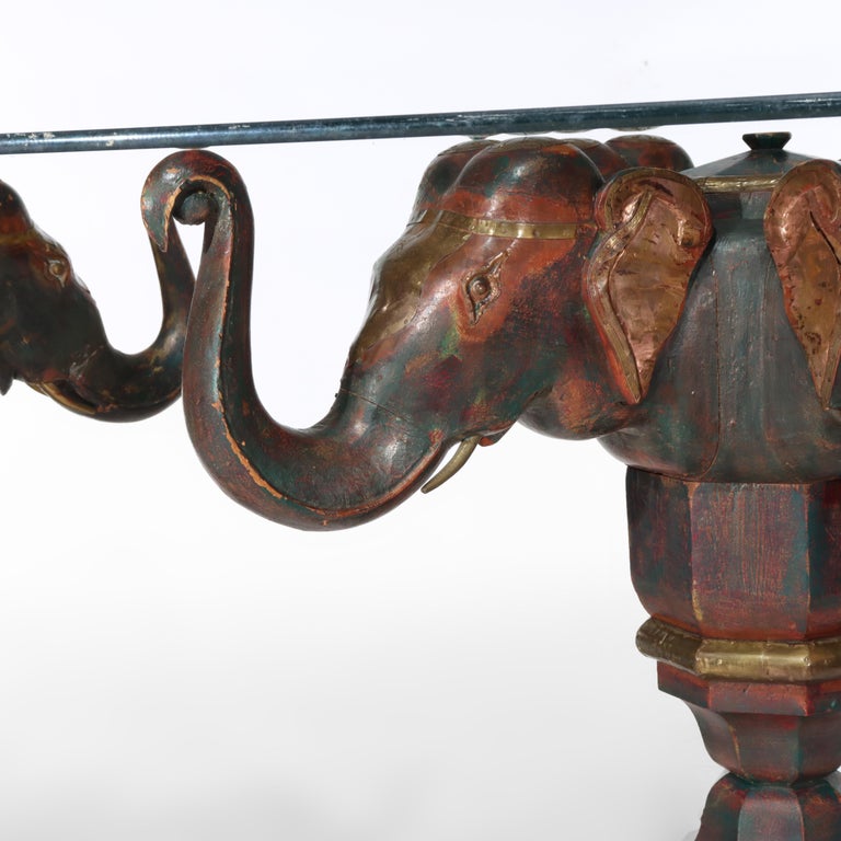 Vintage Asian Polychromed Figural Elephant Double Pedestal Glass Top Table