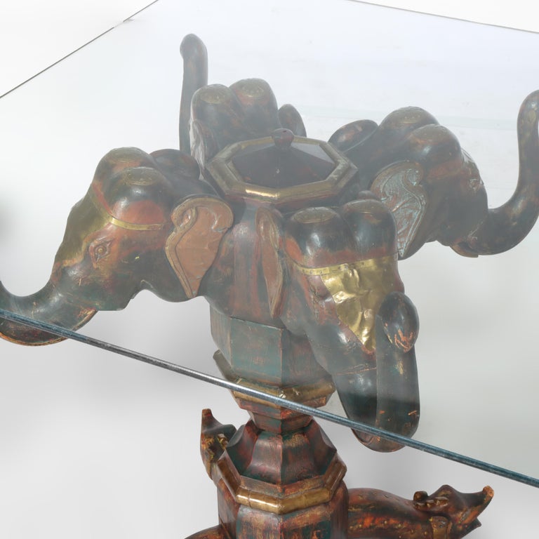 Vintage Asian Polychromed Figural Elephant Double Pedestal Glass Top Table