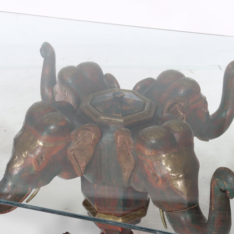 Vintage Asian Polychromed Figural Elephant Double Pedestal Glass Top Table