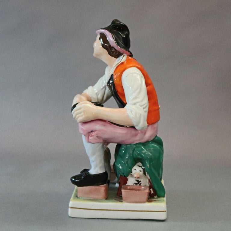 Antique English Staffordshire Hand Painted Figural Porcelain Cobbler, circa 1860