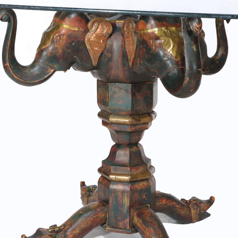 Vintage Asian Polychromed Figural Elephant Double Pedestal Glass Top Table