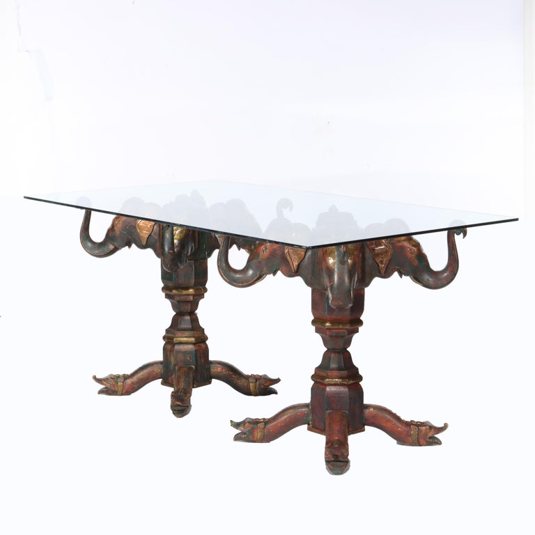 Vintage Asian Polychromed Figural Elephant Double Pedestal Glass Top Table