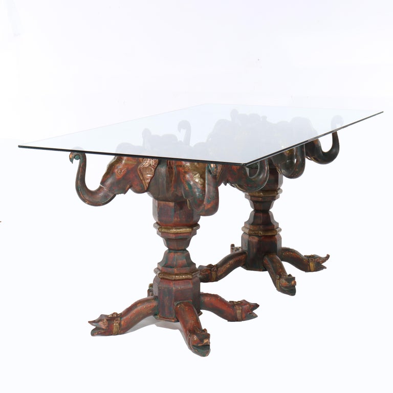 Vintage Asian Polychromed Figural Elephant Double Pedestal Glass Top Table