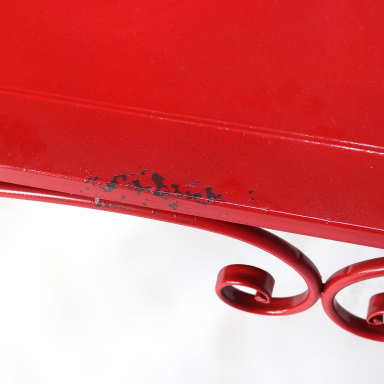 Vintage Red Painted Wrought Iron Garden Bench & Table Set C1950