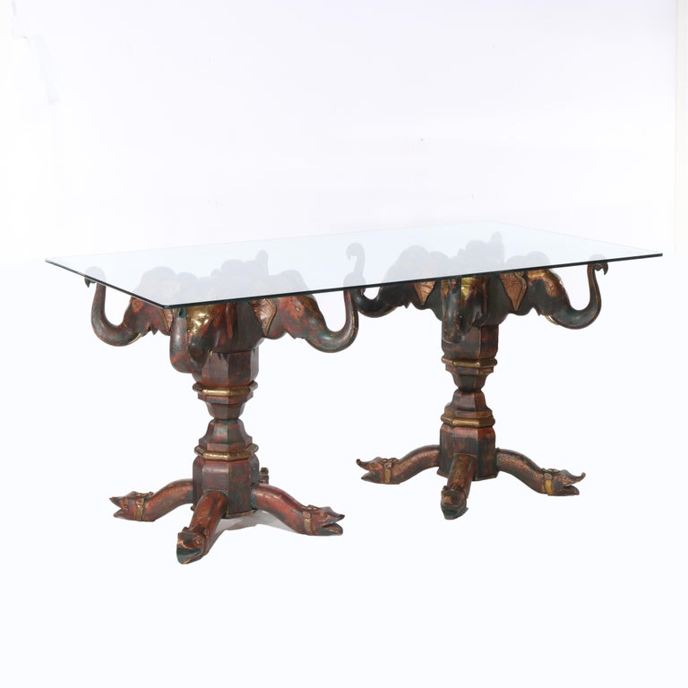 Vintage Asian Polychromed Figural Elephant Double Pedestal Glass Top Table