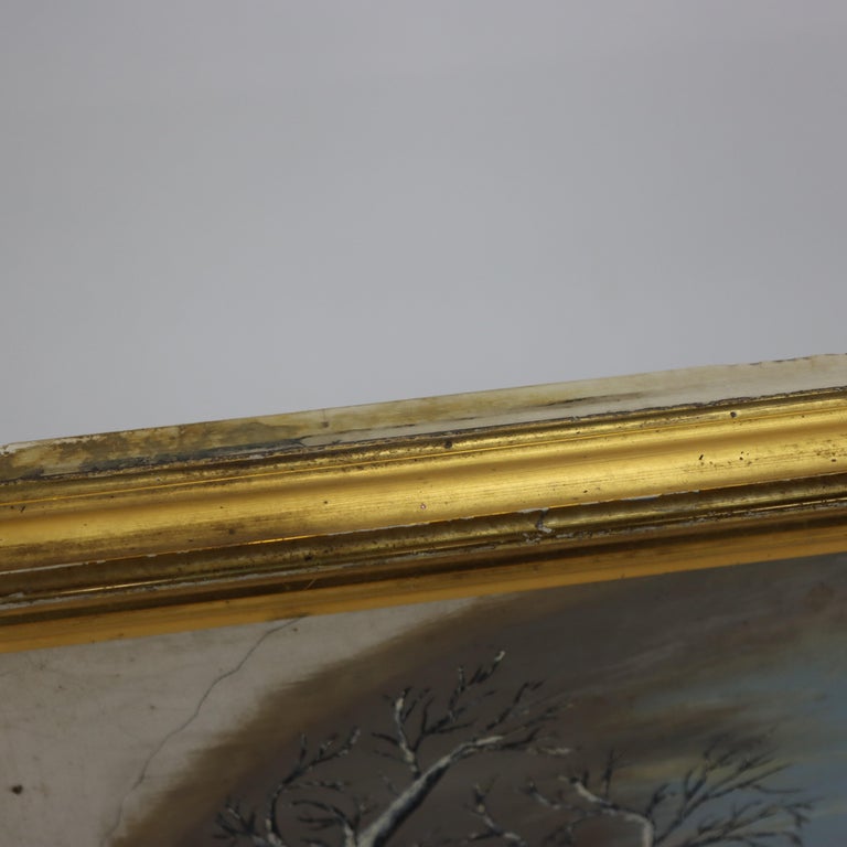 Antique Oil On Board Winter Landscape In First Finish Frame c1870