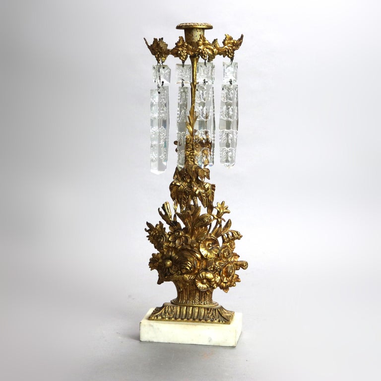 Pair Antique Gilt Bronze, Marble & Cut Crystal Floral Form Girandoles c1890