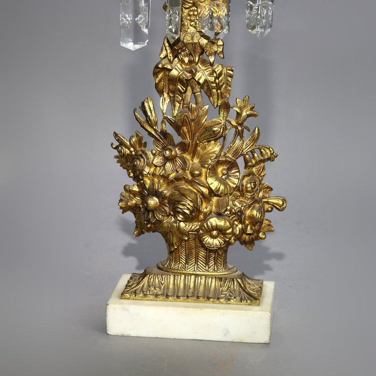 Pair Antique Gilt Bronze, Marble & Cut Crystal Floral Form Girandoles c1890