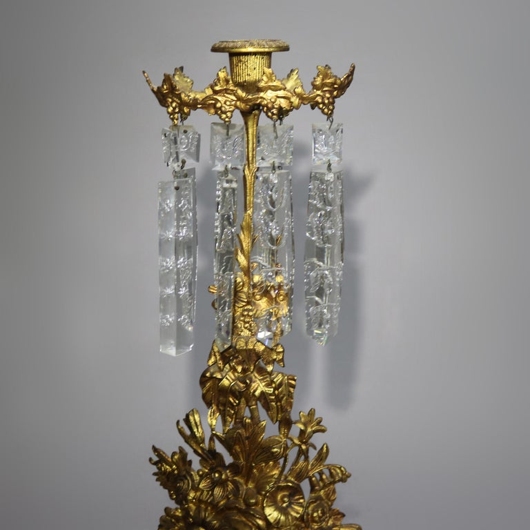 Pair Antique Gilt Bronze, Marble & Cut Crystal Floral Form Girandoles c1890
