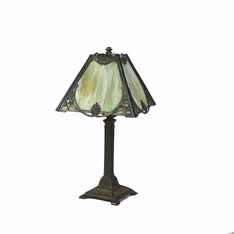 Antique Wilkinson Arts & Crafts 4 Panel Slag Glass Table Lamp Unsigned
